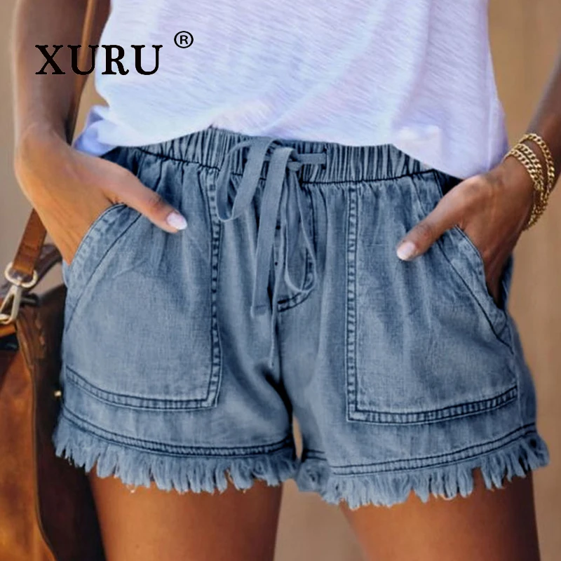 XURU-Women's Elastic Waist Jeans, High Street Thin Shorts, New, Europe and The United States, N3-3058