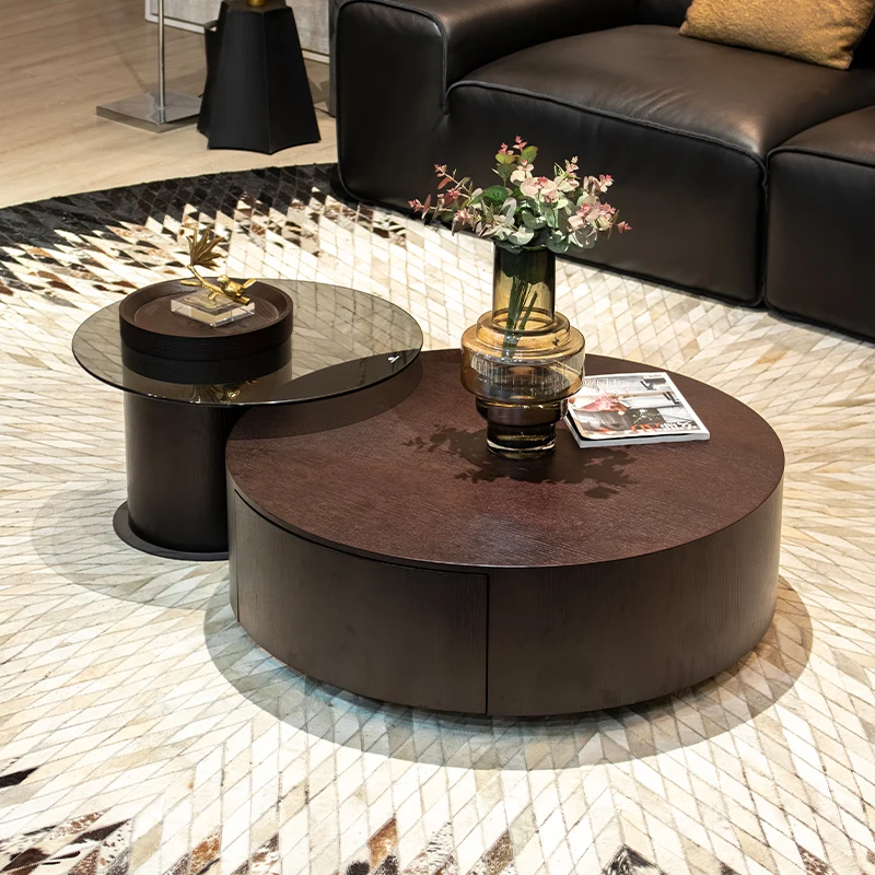 #Modern 2-Piece Nesting Coffee Table, Dark Wood with Glass Side Table & Storage Drawer