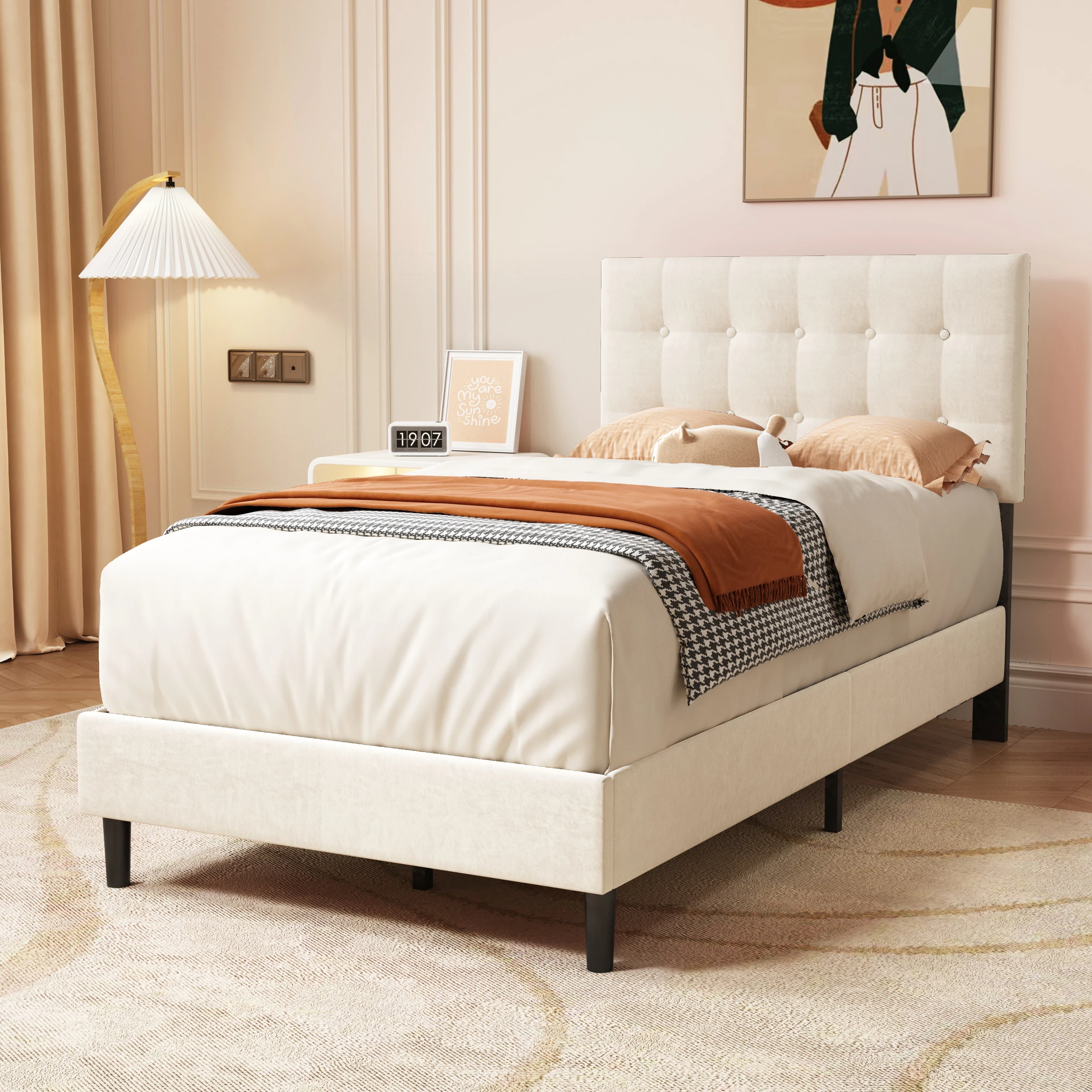 

Upholstered Platform Twin Bed Frame with Button Tufted Velvet Headboard Wood Slat Support Easy Assembly No Box Spring Needed