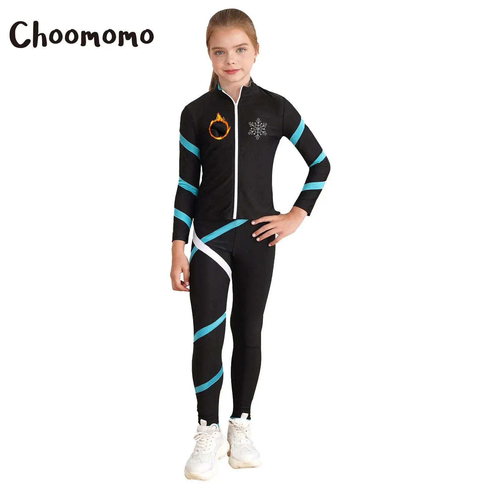 

Girls Figure Skating Costume Long Sleeve Fleece Spiral Jacket with Pants Ice Skating Professional Competition Training Outft