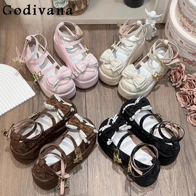 

Original Brown Platform Shoes Autumn New Woman's Cute Bow Elegant Tea Party Mary Jane Shoes Sweet Girls Kawaii Lolita Pumps