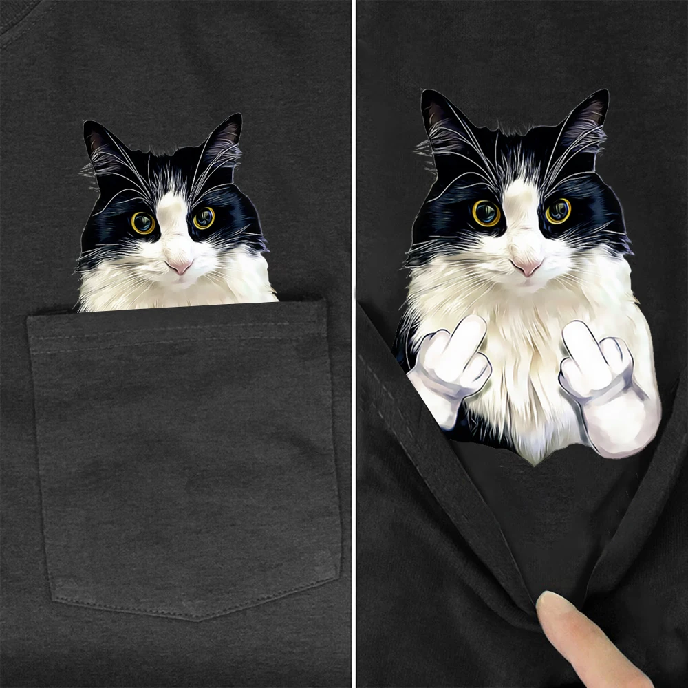 HX Cow Cats Cotton T-Shirts Funny Kitten Double Middle Finger Print Pocket T-shirt Mens Clothing Short Sleeve Shirts Summer Tees