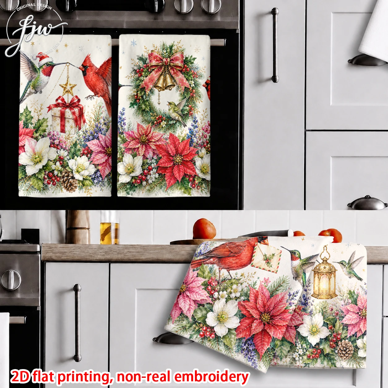 6pcChristmas Vintage Hummingbird Cardinal Floral Winter Kitchen Towel