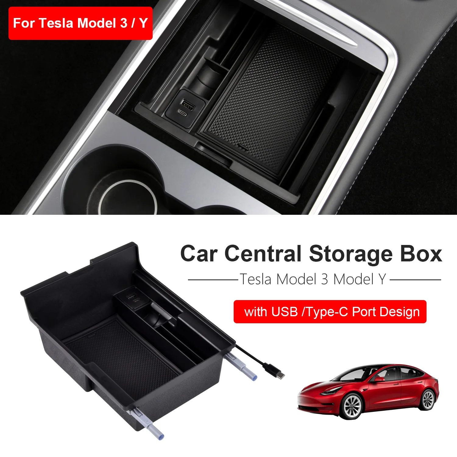 Tesla Model 3 Model Y 2022 Car Central Storage Box con porta USB Type-C Design bracciolo Center Console Box contenitore automatico