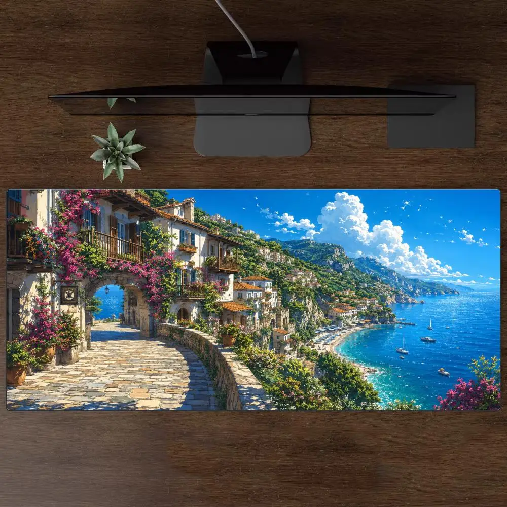 Aesthetic Coastal Italian Village Stone Path Bougainvillea Seaside Art Wide Soft Rubber Extended Computer Gaming Mouse Table Mat