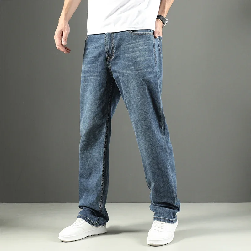 

Summer Thin Men's Baggy Jeans Cotton Elasticity Classic Straight Denim Pants Casual Plus Size Brand Trousers 42 44 46 48