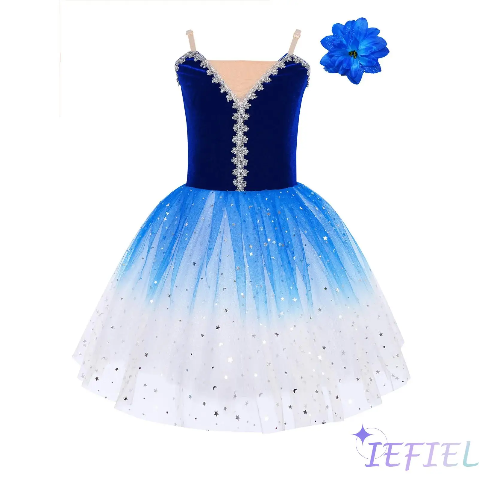 

Girls Ballet Dance Performance Costume Rhinestone Adjustable Straps Velvet Bodice Sequined Layered Tulle Tutu Dress+ Headwear