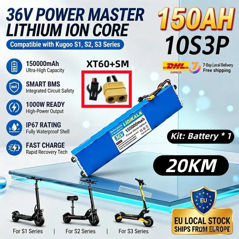36V 150000mAh 10S3P Lithium-Akkupack LIDIKALA Wiederaufladbarer Li-Ionen-Akku für Elektroroller E-Bike mit eingebautem BMS-Schutz