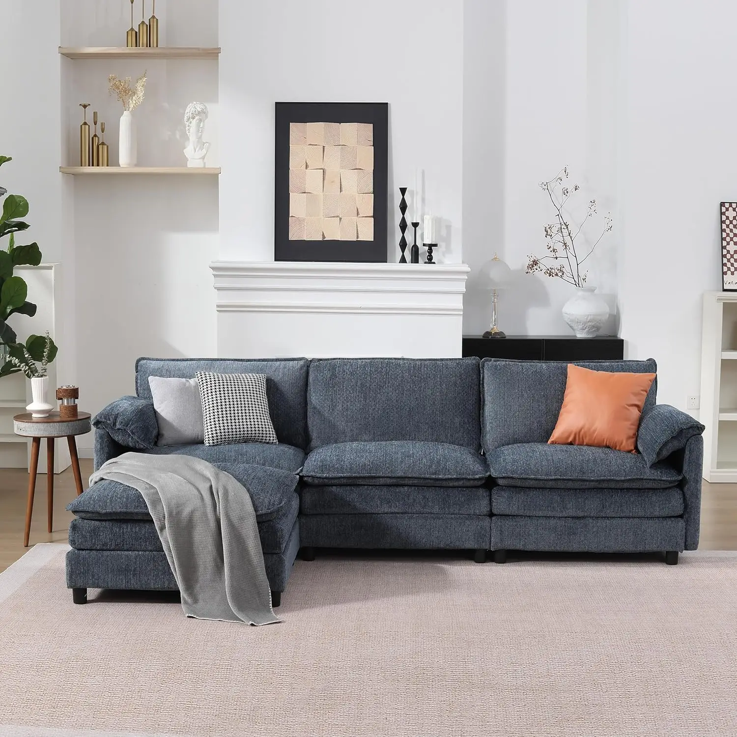 

108-дюймовый угловой диван-секция «Облако», современный модульный диван с подвижным пуфом, 3-местный, из синели, на заказ