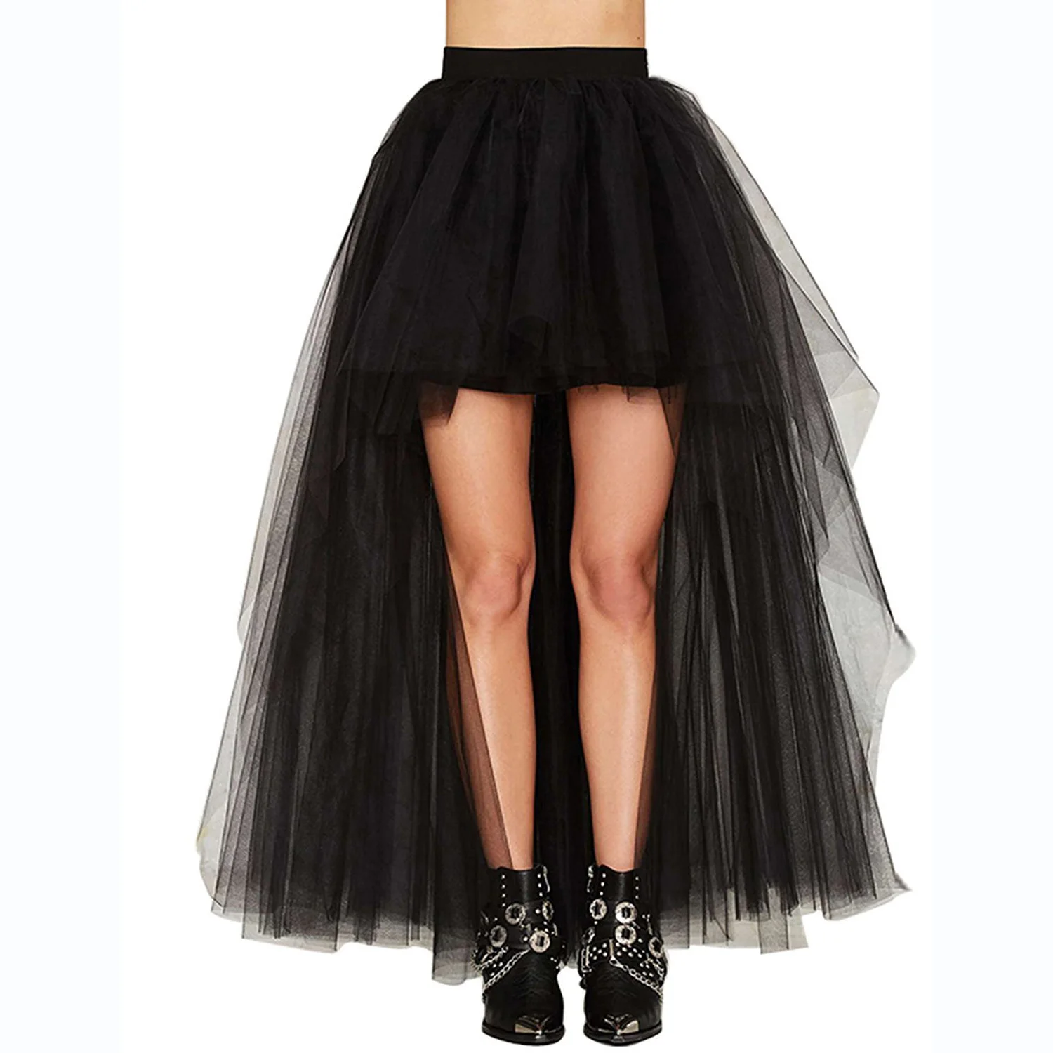 Women Lady Black Asymmetric Front Short Back Long Tulle Tutu Skirt Petticoat