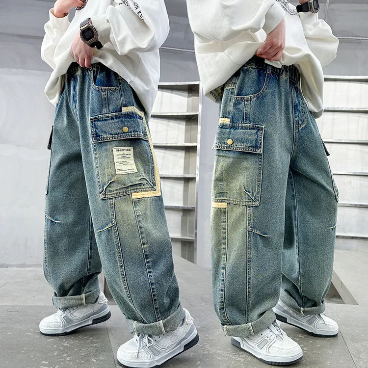

Spring Autumn Teenage Children Baggy Cargo Jeans With Big Pocket for Kids Boys Loose Casual Wide Leg Denim Pants Age 4 To 14 Y