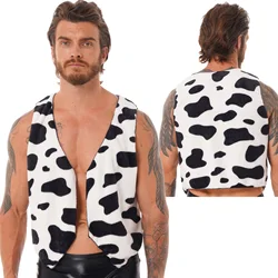 Men Western Cowboys Cosplay Costume Cow Print Flannel Thicken Vest Waistcoat Halloween Carnival Festival Party Roleplay Clothes