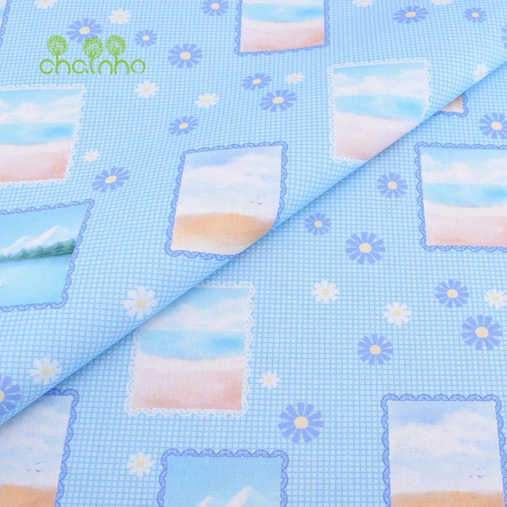 Chainho,Blue Colour Printed Plain-Weave Cotton Fabric,Patchwork Clothes For Handmade DIY Quilting Sewing Craft,Bag,Toy Material