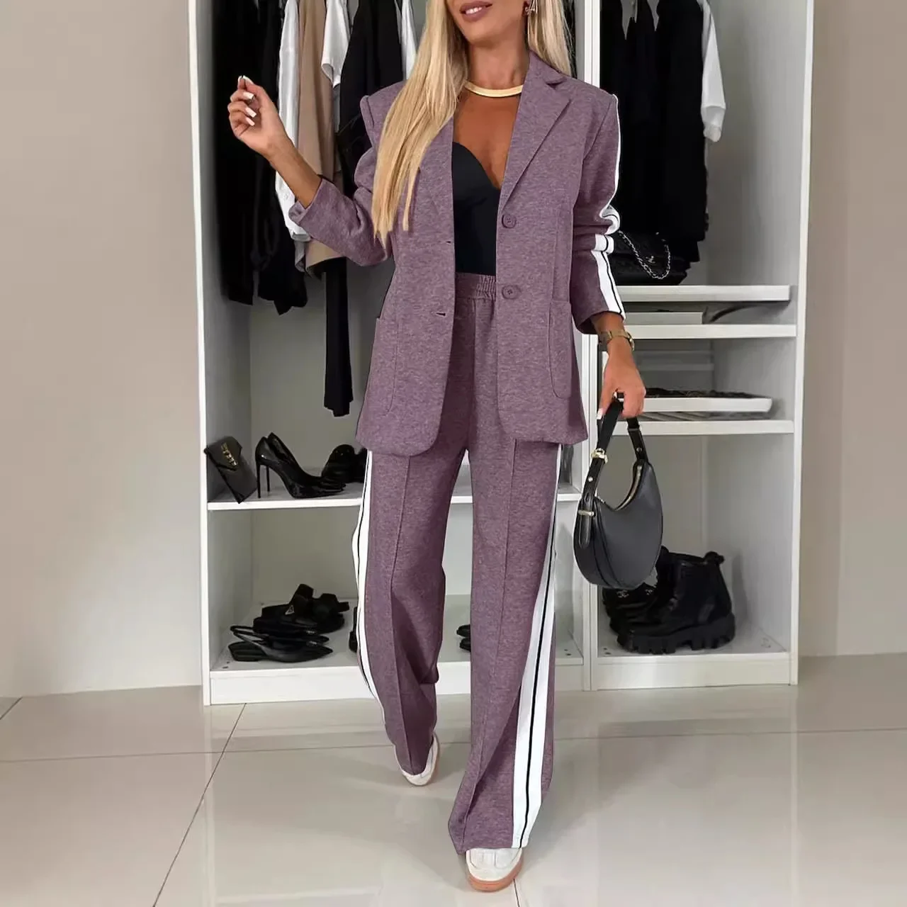 Women 2pcs Clothes Set Stripes Printed Long Sleeve Blazer Jacket & High Waist Long Pants Office Lady