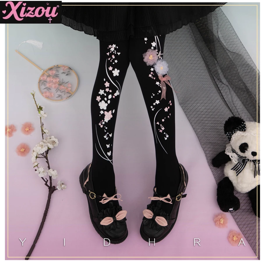 

Японские оригинальные колготки в китайском стиле с цветком Лолиты, женские колготки с рисунком персикового цвета, милые весенне-осенние женские колготки