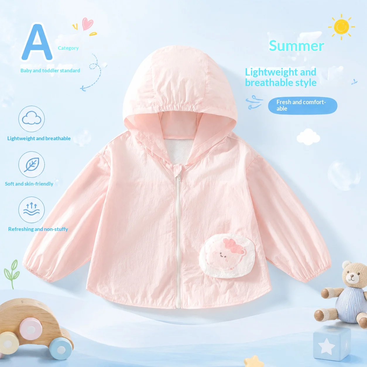 A Class Baby Sun Protection Jacket Summer Ultra Thin Lightweight Hooded Coat Cartoon Pocket Print Zipper Skin Friendly Toddler O