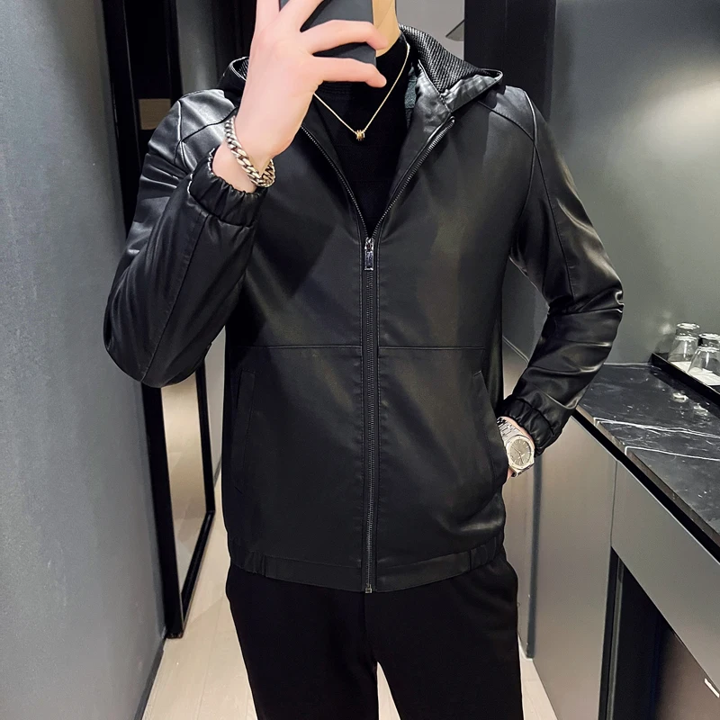 2023 Hip Hop Men Hooded Leather Jacket Plus Size 5XL Slim Fit Black Motorcycle Leather Coats Autumn Korean Mens Biker Clothing