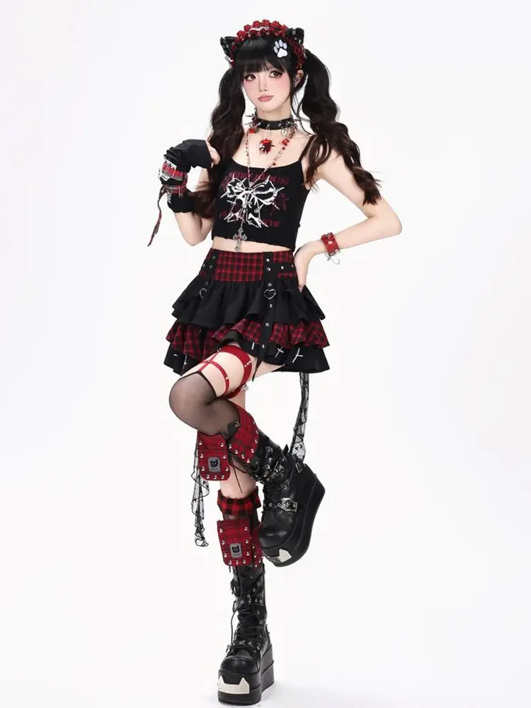 Y2K Punk Gothic Kawaii 3PCS Set Women Skull Print Cross Detail Off Shoulder Mesh Crop Top Plaid Ruffled Mini Skirt Lace Trim - view 6