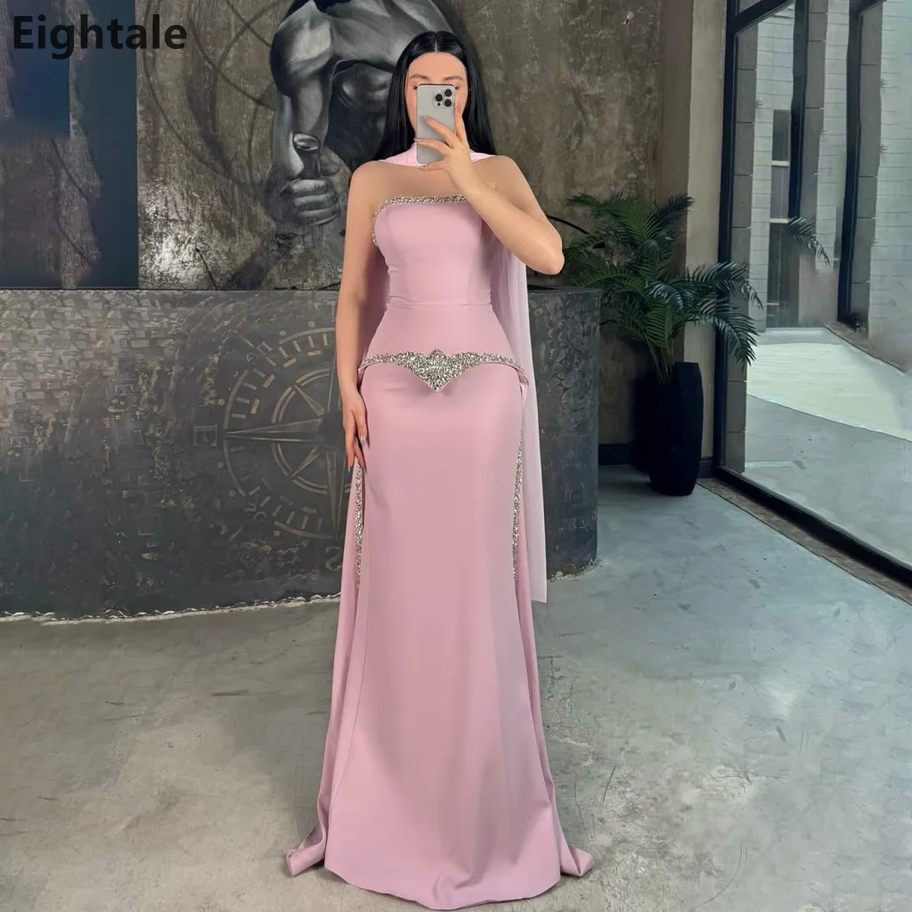 

Eightale 2025 Mermaid Blush Pink Strapless Beaded Evening Dress With Chiffon Cape Wedding Prom Gown Customized