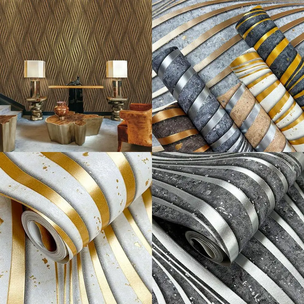 3D Embossed Gold Wave Pattern Wallpaper for Living Room Dining Room KTV Bar Lounge Entertainment Venues Curved Stripe Wall Decor