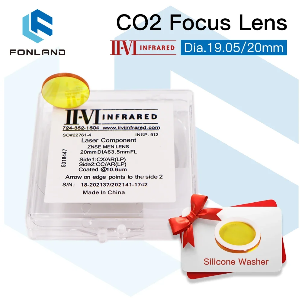 Lente de foco a laser CO2 infravermelhada II-VI Dia.19.05mm 20mm FL 38.1/50.8/63.5/76.2/101.6mm para lentes de máquina de corte a laser CO2 ZnSe