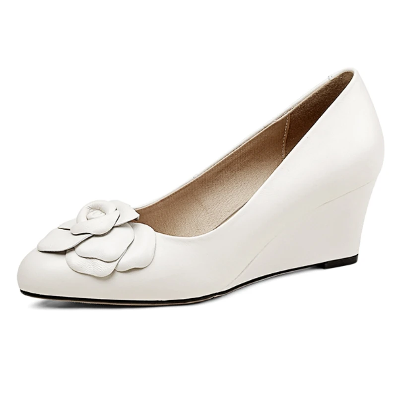 

Wedge Heels Shoes for Women 2025 Elegant Black White Wedges Heeled Party Wedding Office Shoes Female Dress Pumps Flower Designer
