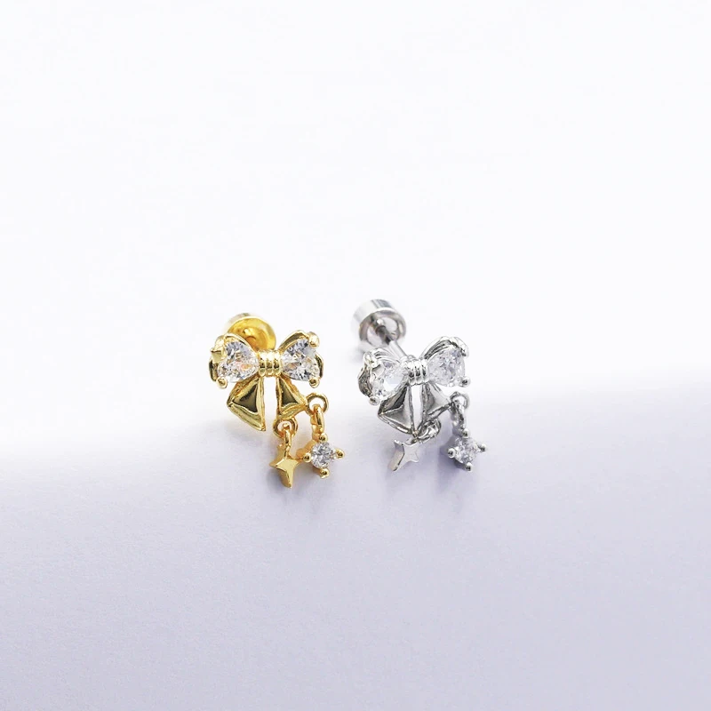 

1 pcs Cute Small Copper Round Zircon Bowknot Stud Earring Women Gold Color Steel Helix Bar Ear Cartilage Piercing Cuff Wholesale