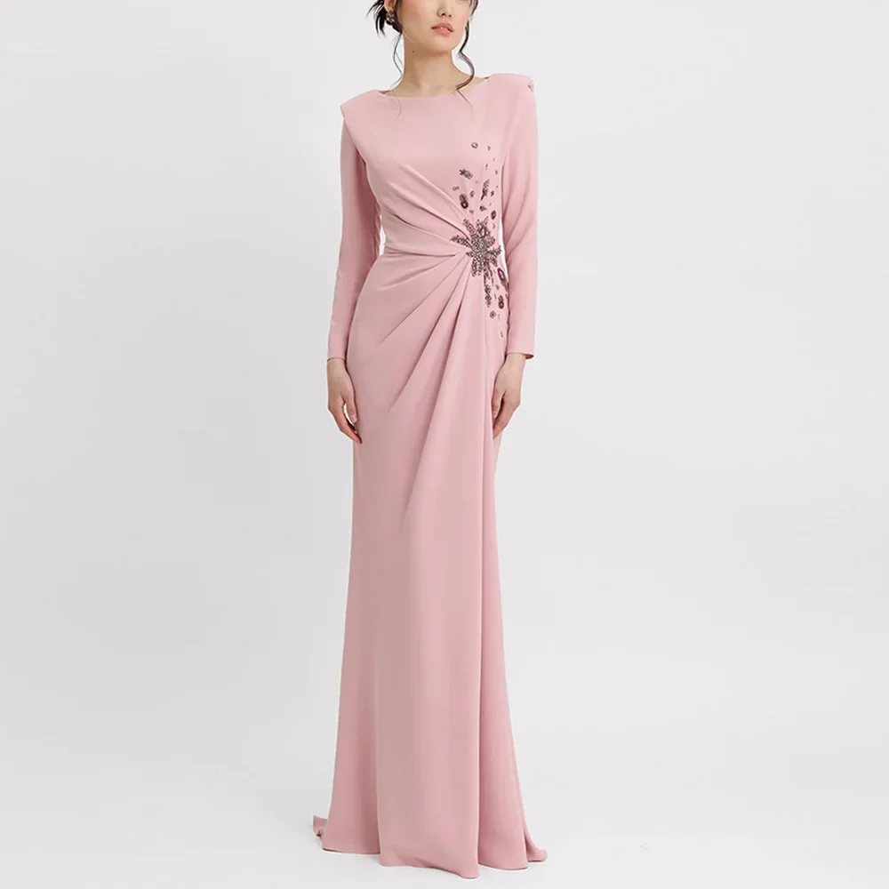 Robe de Soirée Sirène Rose à Manches sulfet Col Rond, Tenue Élégante avec Perles, pour Occasions Formelles, Bal de Promo, SY005