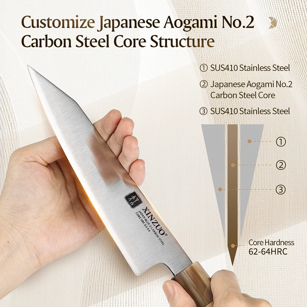 XINZUO 5.9/6.5/7.1''All-Purpose Kiritsuke Knife Aogami No.2 Core 3-Layer Carbon Steel Maple Handle Meat Fish Vegetable Cutting