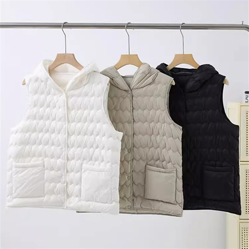 Winter Warm Hooded Down Waistcoat Jacket Women Ultra Light Thin White Duck Down Vest Coat Female Sleeveless Short Tank Parkas