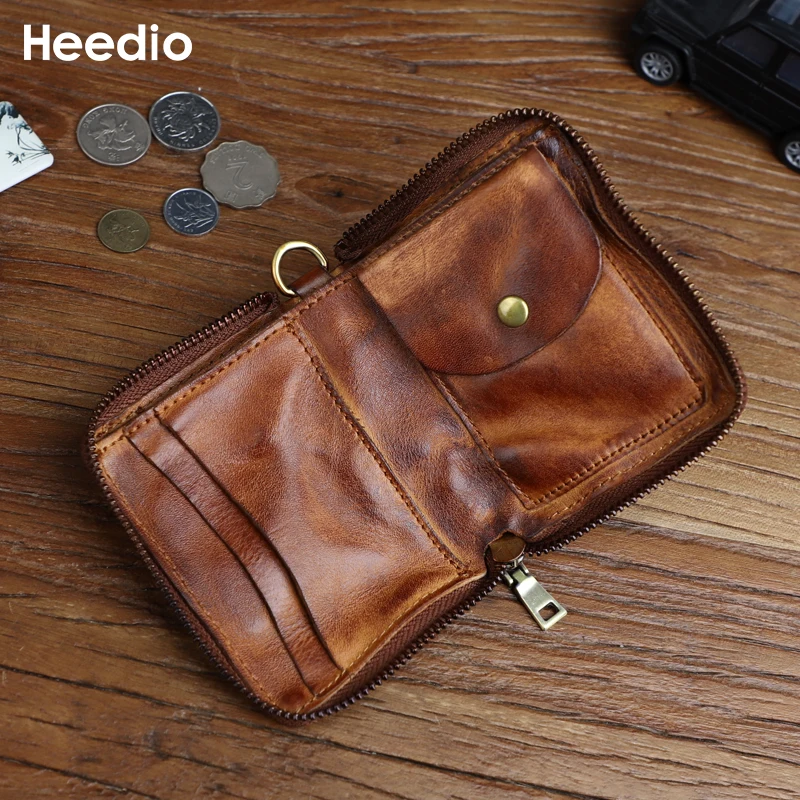 Portfel męski z prawdziwej skóry Retro etui na karty ze skóry bydlęcej z zamkiem błyskawicznym z kieszonką na monety mała mini męska portmonetka — zdjęcie 3
