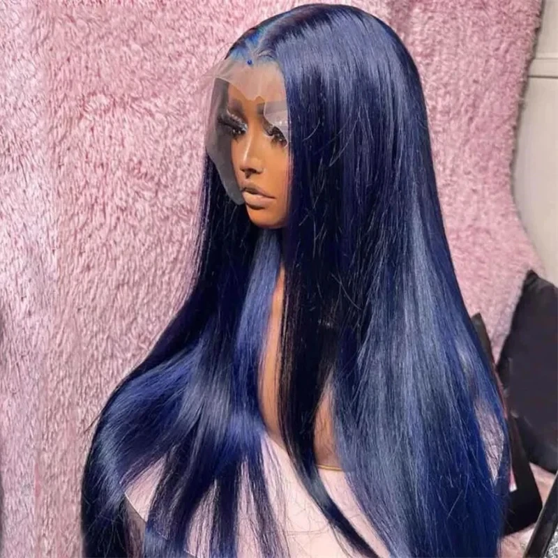 MXWIGS-cor azul escuro liso sintético peruca dianteira do laço para mulheres, cabelo do bebê, 180% densidade, glueless, preplucked, cosplay, 13x4