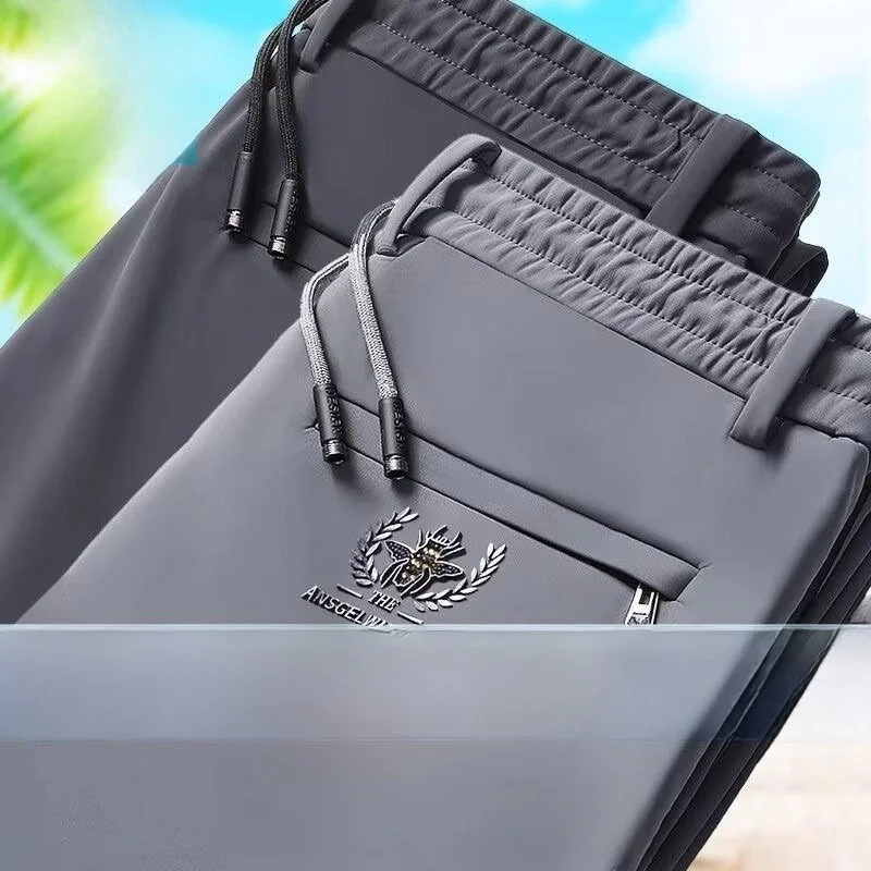 

Мужские повседневные брюки из ледяного шелка больших размеров с эластичным поясом, быстросохнущие, грязеотталкивающие, износостойкие, прямого кроя, длинные, для работы