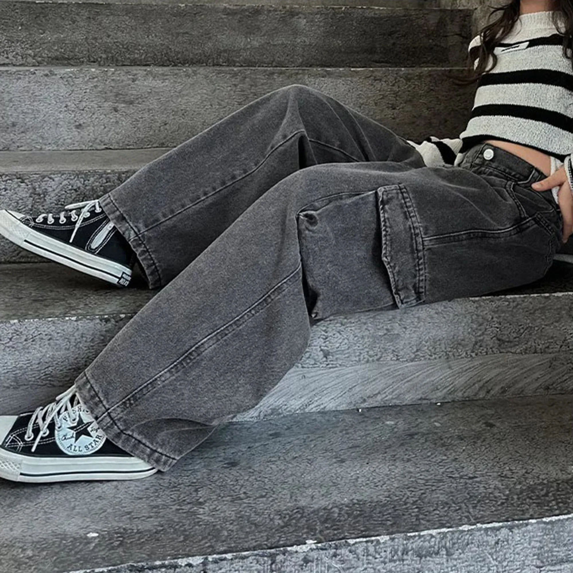 Dziecięce spodnie jeansowe na co dzień Nastoletnie dziewczęta Szerokie nogawki Cargo Jeans 2024 Jesienna moda Szkoła Młode dzieci Proste workowate
