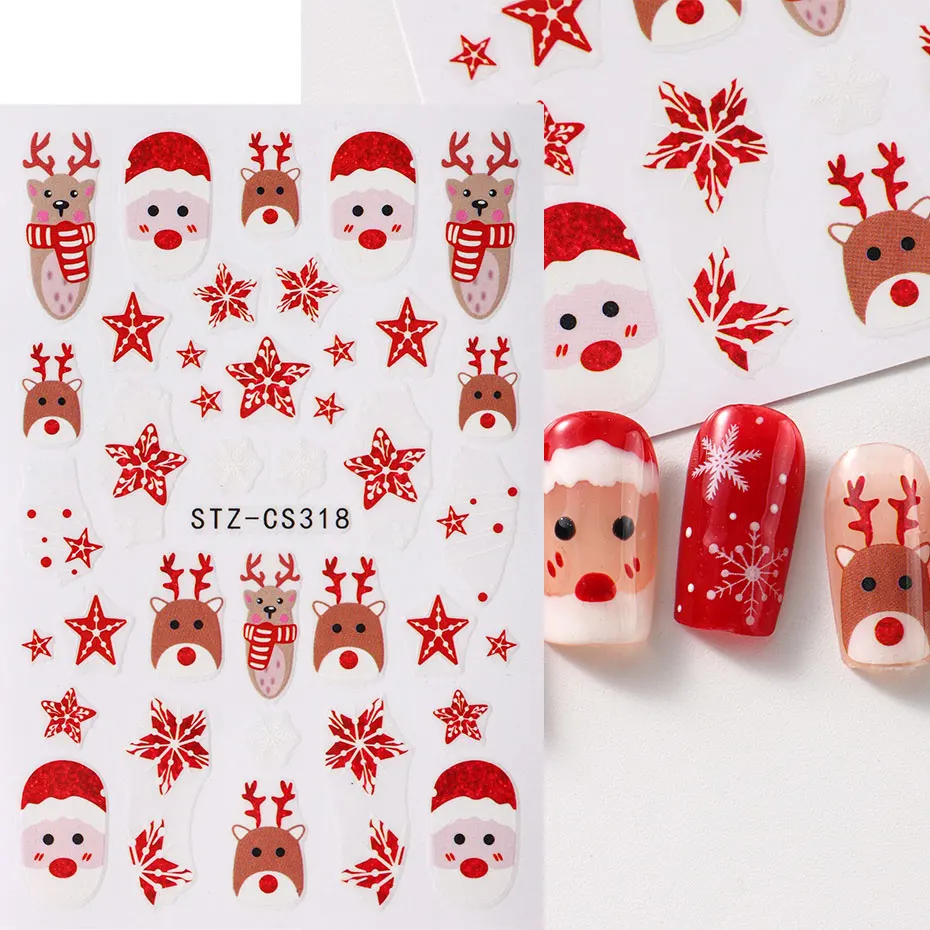 2/3pcs Kerst Rode Glitter Nail Charms Folies 3D Boog Franse Letters Nail Stickers Cartoon Elanden Kerstman Sneeuwvlok ster Decals Decor