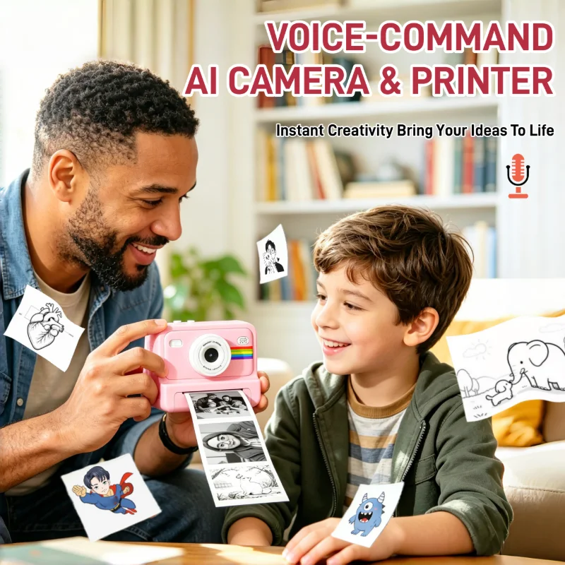 New‑Version AI Voice‑Activated Instant Print Camera, 1080P HD Resolution For Capturing Fun Photos, 5‑In‑1 Multi‑Purpose AI Camera Bundle Includes 3 Rolls Print Paper, 8GB Memory Card And Card Reader