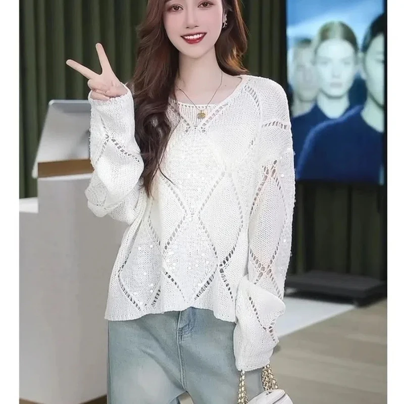 Korean Loose and Lazy Good Thing Lin Shuangzhang Xiaofei's Same Sweater with Sequins Autumn and Winter Diamond Shaped Star