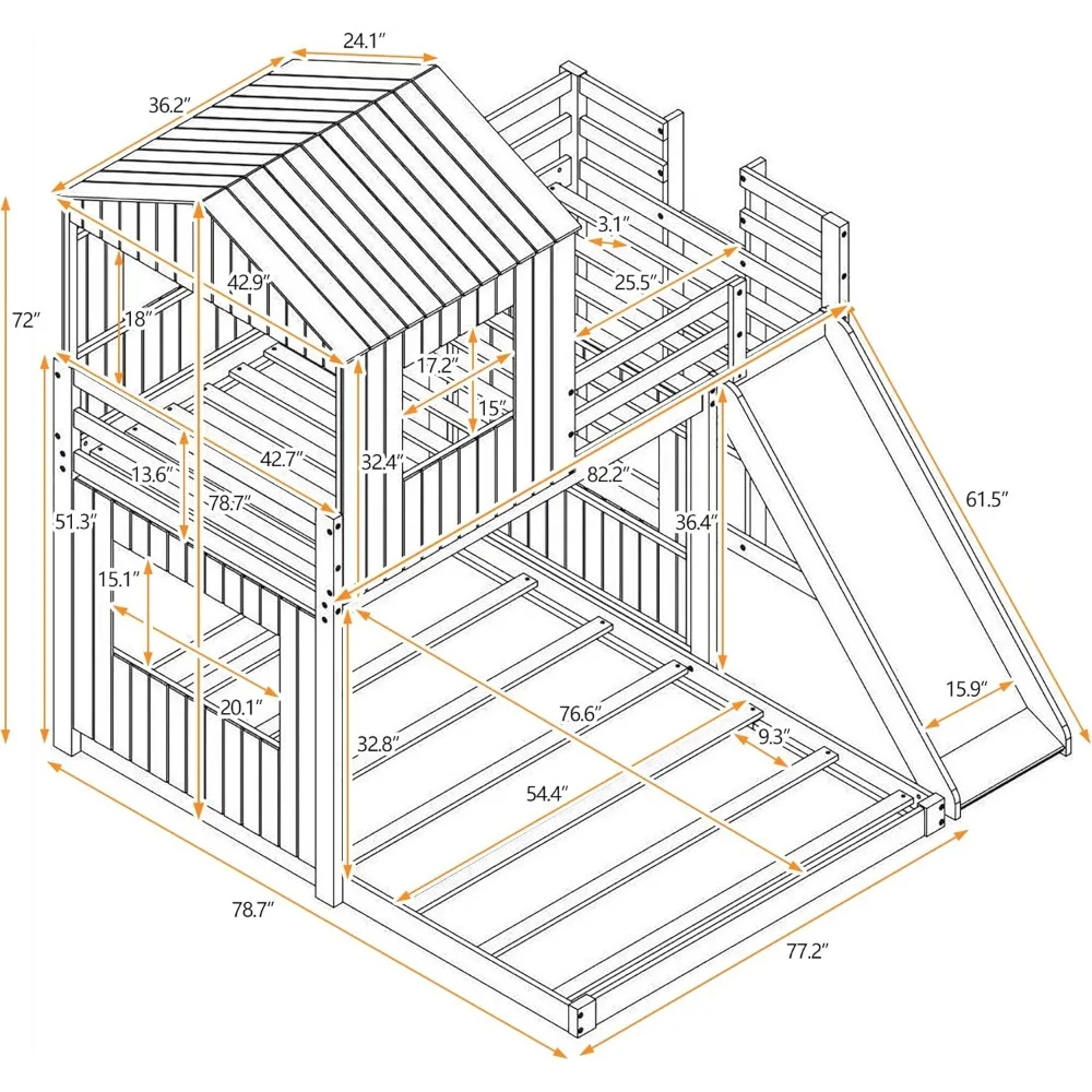 Floor Bunk Beds with Slide, Wooden Twin Over Full Bunk Beds with Slide, Roof and Guard Rail for Kids, Teens, No Box Spring Neede