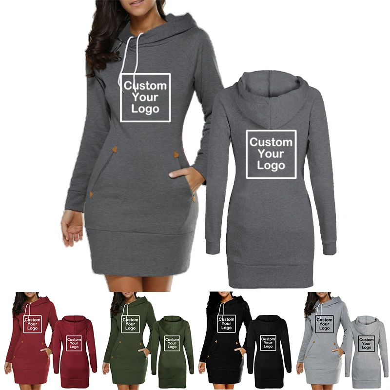 

Custom Your Design Women Hoodie Dress Sweatshirt Pullover Autumn Winter Printed Pocket Aesthetic Spice Dress Solid Streetwear