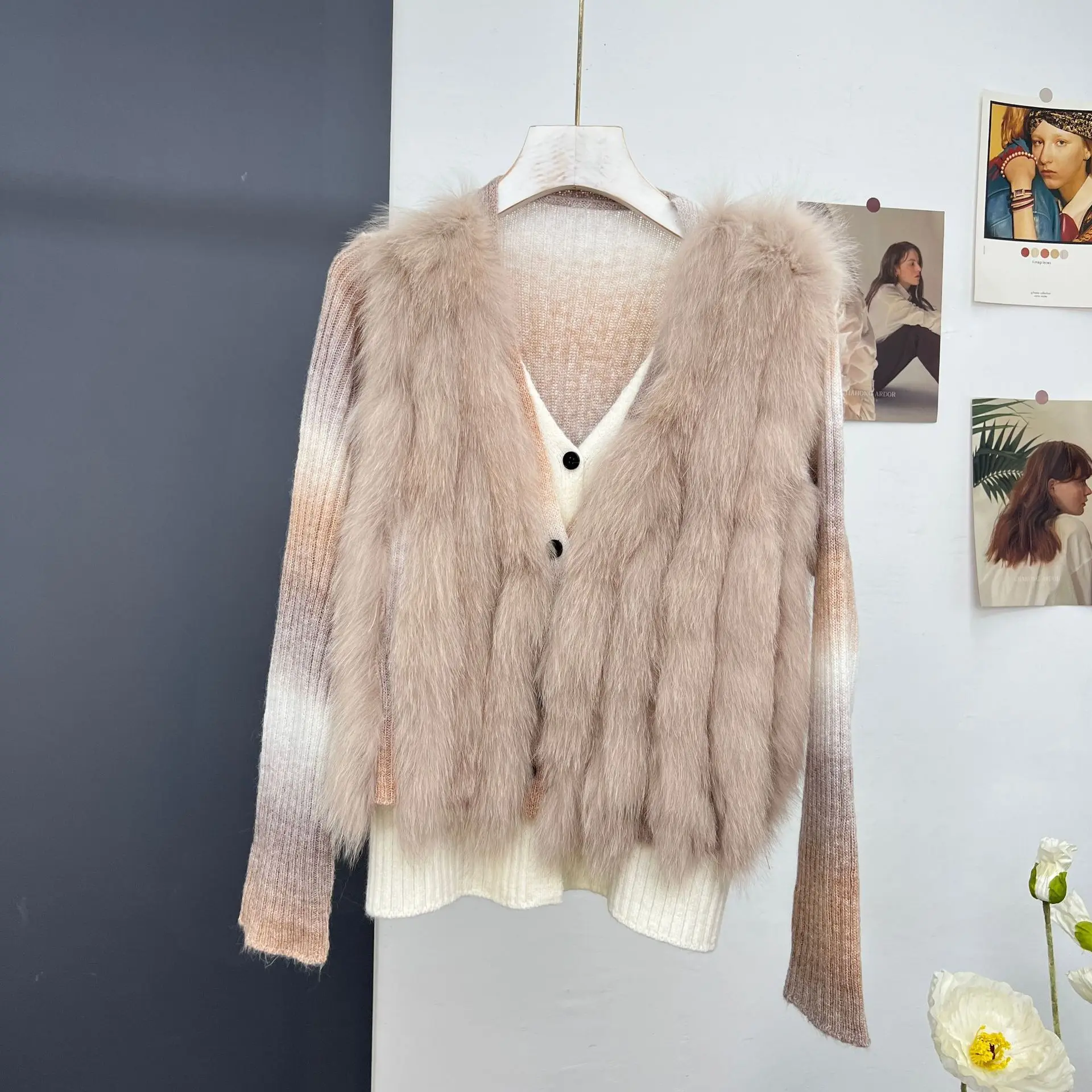 autumn and winter new item real fur fur grass coat fake two-piece knitted sweater cardigan women's top high-end