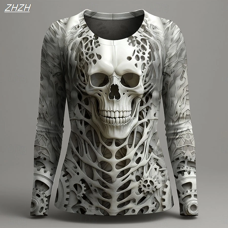 

Женский винтажный топ с длинным рукавом и принтом скелета, топ с круглым вырезом в готическом стиле, альтернативный модный стиль, весенне-осенняя повседневная одежда