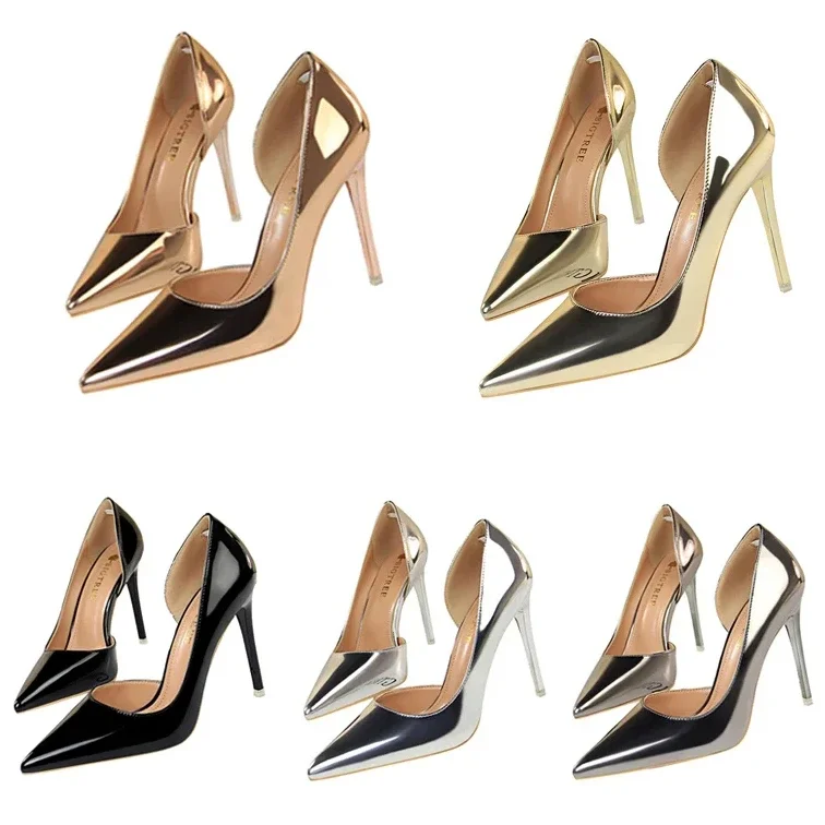 New Women Glossy Leather Stripper Stiletto Wedding Bridal Pumps Lady Scarpins Gold Silver Catwalk Party 10.5cm High Heels Shoes