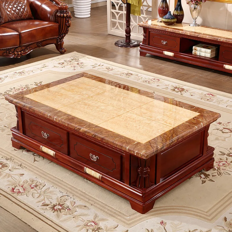 Solid wood natural marble coffee table TV cabinet European marble coffee table TV cabinet Classic solid wood coffee table