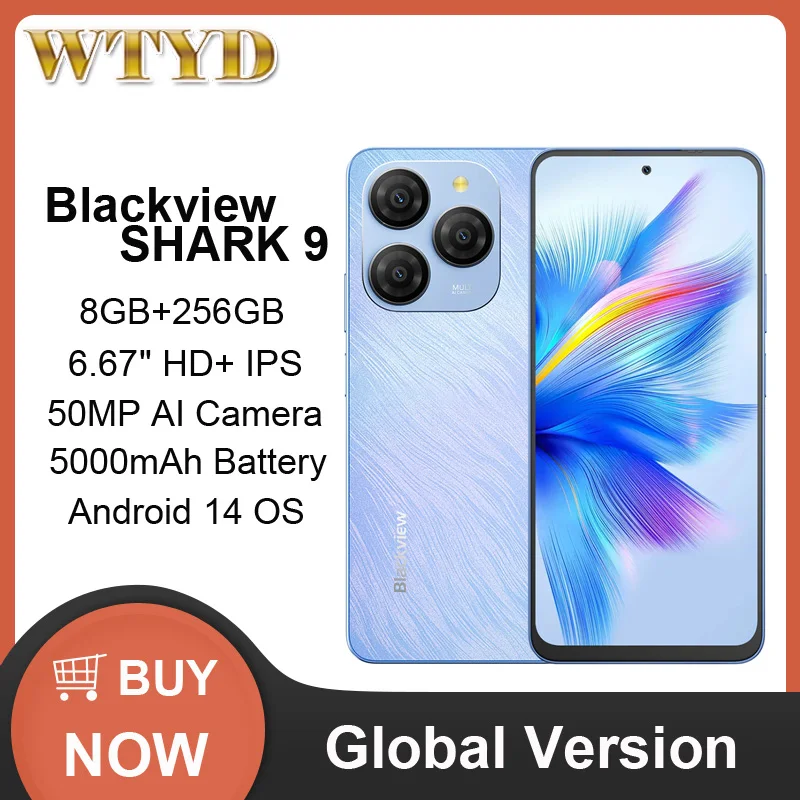 Blackview SHARK 9 Smartphone 8GB+256GB 6.67'' HD+ IPS 90Hz Display Android 14 Unisoc T820 50MP AI Main Camera NFC Cellphone