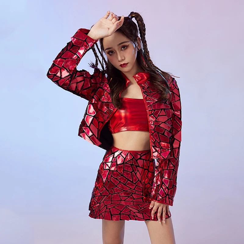 Ropa de baile de Jazz con lentejuelas y espejo rojo nuevo, traje de escenario para cantante, fiesta, Festival, club nocturno, conjunto de disfraz de bailarina Gogo