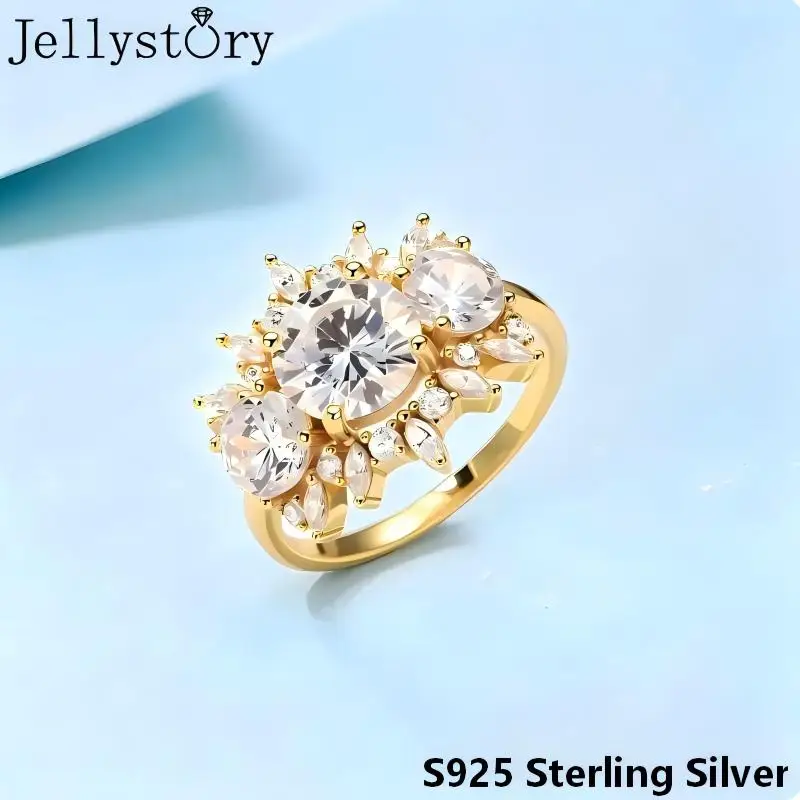 JellyStory Gorgeous Flower Crown Wedding Ring S925 Silver Inlaid Moissanite Design Commemorative Gift Symbol of Love for Her