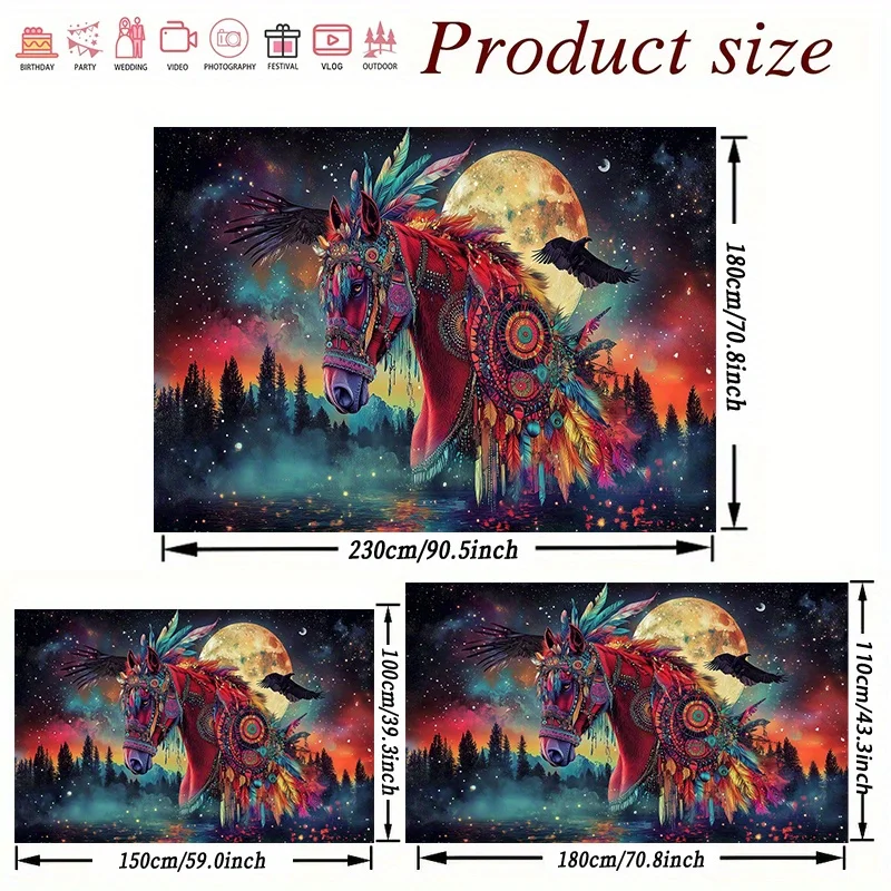 Bohemian Horse Tapestry Wall Hanging Boho Decor Moon Galaxy Sky Art Psychedelic Cosmic Mystic Festival Spiritual Room Decor Gift
