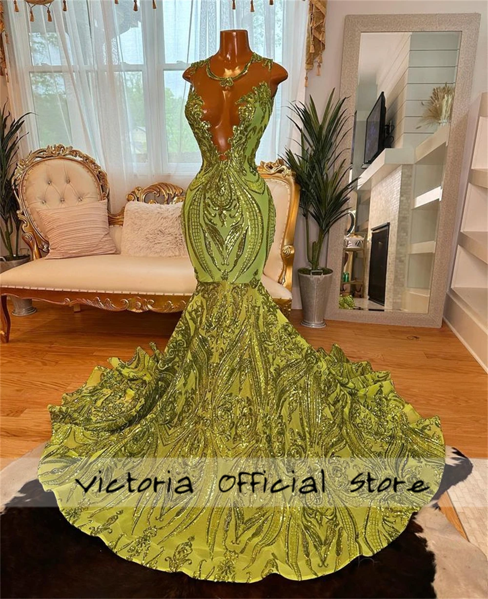 Vestido de fiesta de sirena de encaje con lentejuelas para niña negra, vestido de fiesta de cumpleaños africano, vestido de invitados de boda, verde claro, modesto, transparente