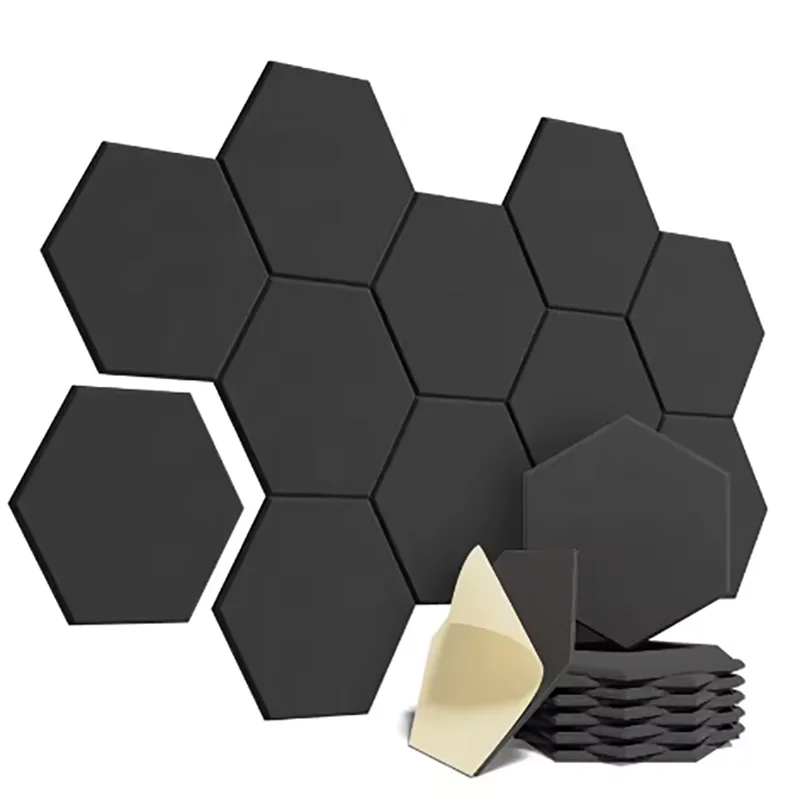 12-pack zeshoekige zelfklevende akoestische panelen Geluiddichte schuimpanelen Y-gevoerd ontwerp om geluid te absorberen Elimineer echo's Zwart - afbeelding 1