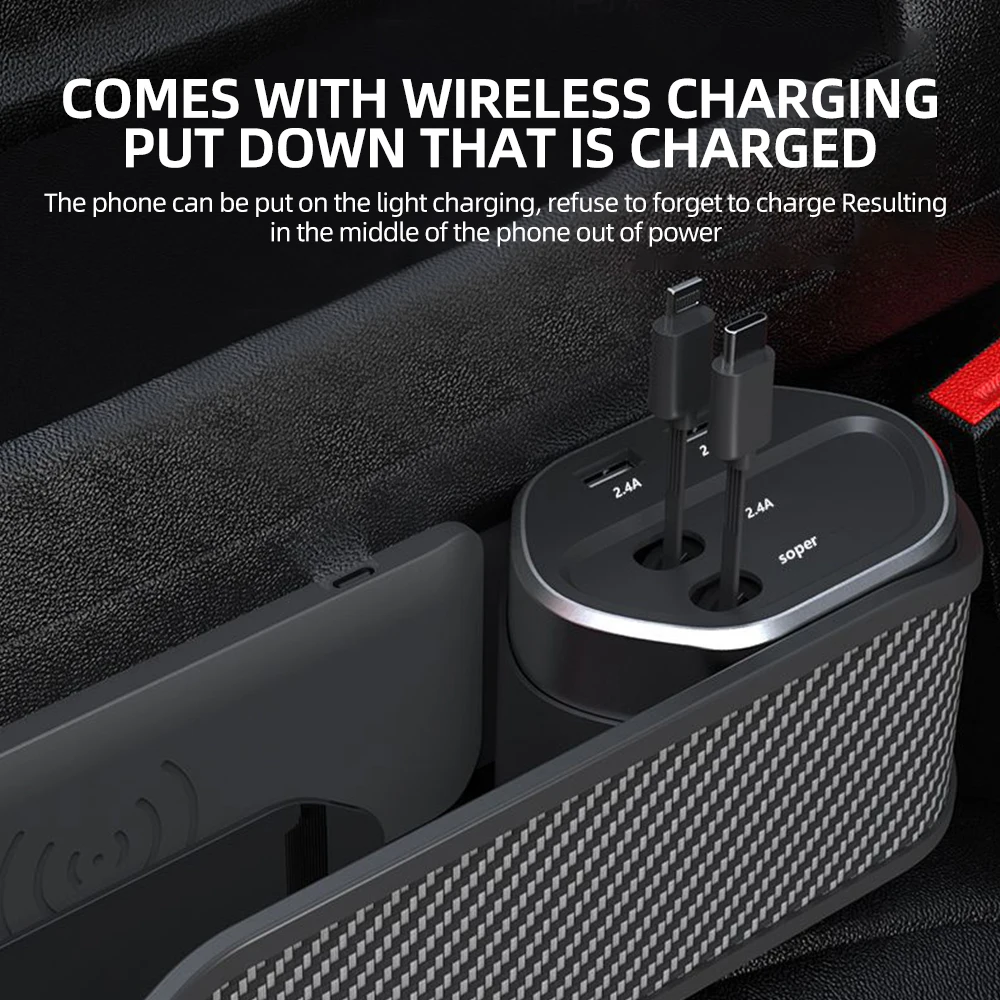 Car Seat Gap Storage Box With Cup Holder Super Fast Charge Organizer Seat Crevice Filler Box Universal Type-C Wireless Charging